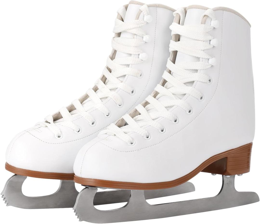 AhmyLion Figure Ice Skates for Beginners - White Comfortable Leather Ice Skates for Women, Men, Boys & Girls (Size Up 1 Size) (White, Womens Size-8/ Mens Size 6.5)