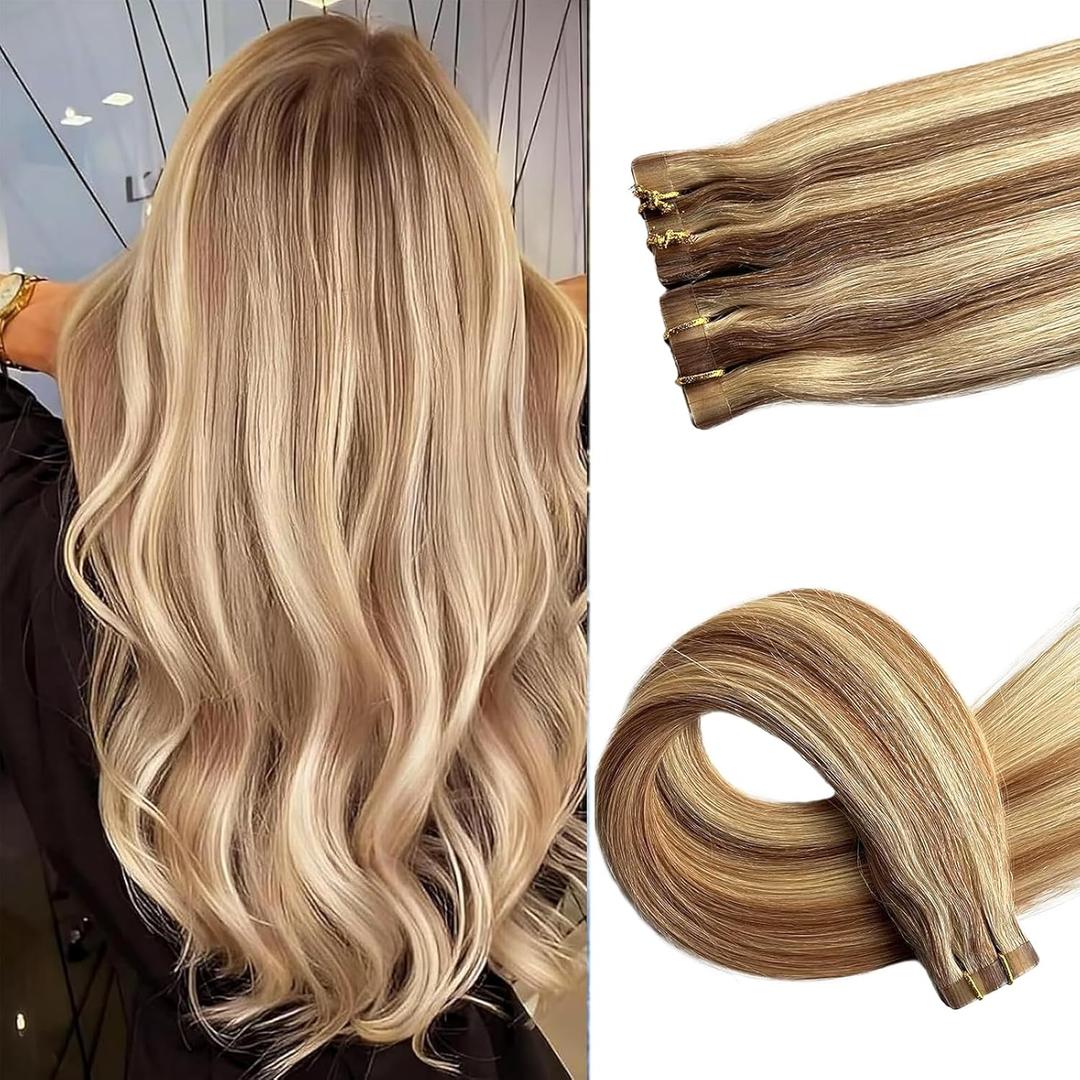 18Inch Tape in Hair Extensions Human Hair Balayage Golden Brown with Bleach Blonde 40g 20pcs Real Natural Tape in Remy Skin Weft Hair Extensions (#12P613)