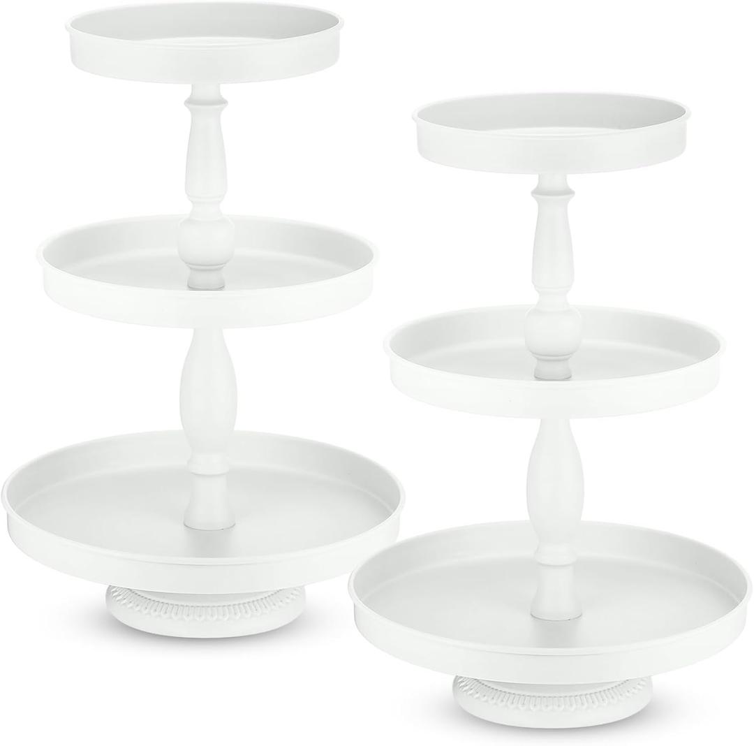 Maxdot 2 Pcs 3 Tier Cupcake Stand Holder, Round Cupcake Stand Serving Tray, Metal Tiered Tray Pastry Dessert Cake Tower Display Stand for Baby Shower Tea Party, Wedding and Birthday (White)