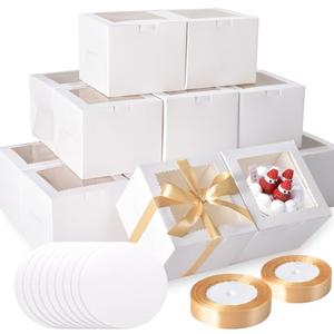 KPOSIYA 20pcs 6x6x5 inch Mini Cake Boxes with Cake Boards (20 Boxes & 20 Boards), 6 inch Small Cake Boxes with Lids Cajas de mini pastel Bakery Boxes with Window for Christmas Thanksgiving