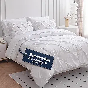 LANE LINEN King Comforter Set – 7 Piece Pintuck Bed in a Bag - Down Alternative Bedding with Comforter, Sheets, Pillowcases & Shams - Ultra Soft, Hotel Quality Cloud Like Comfort Everyday Use – Ivory