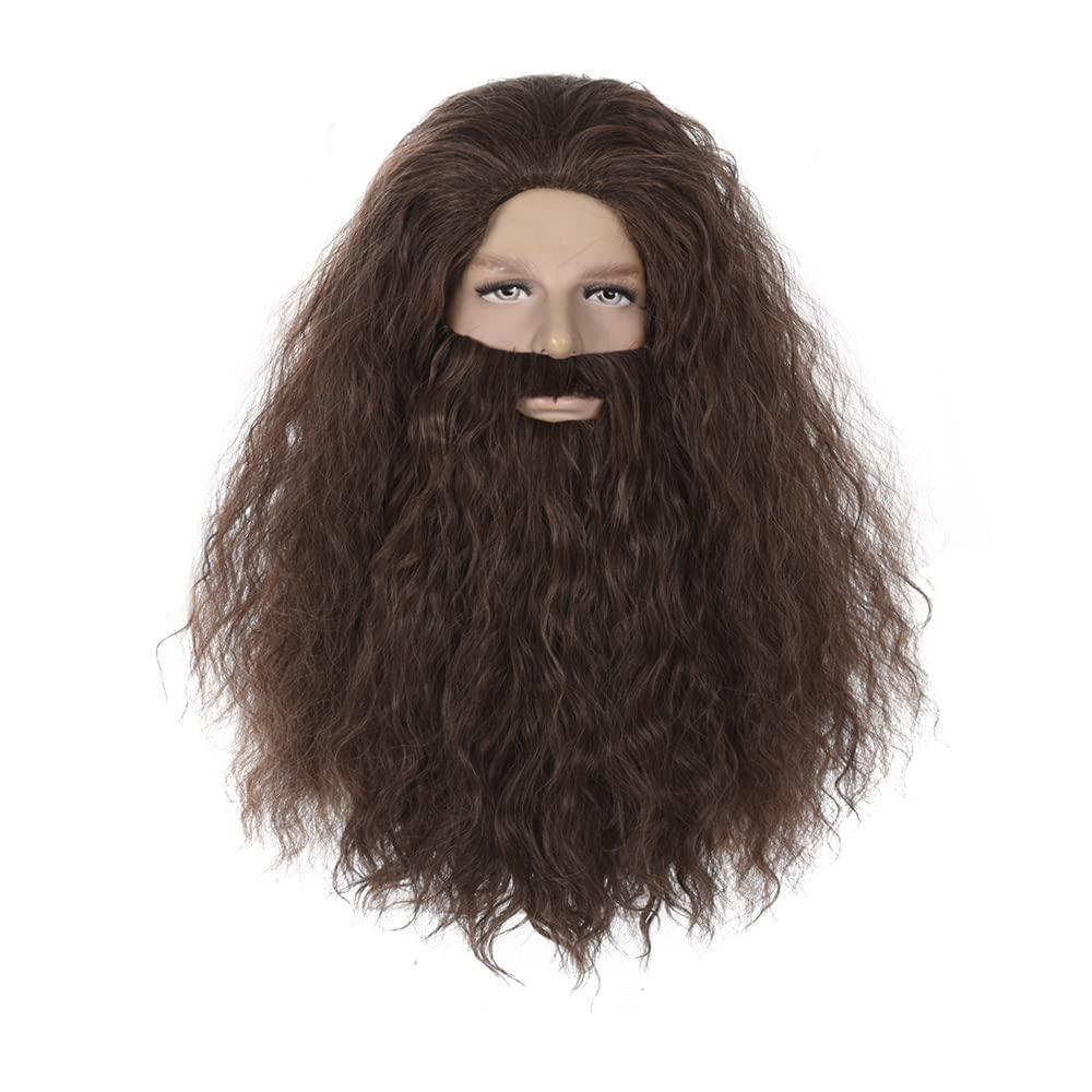Qacf Long Curly Mens Wizard Mustache Wig Halloween Costume Cosplay Viking Fake Beard Wig