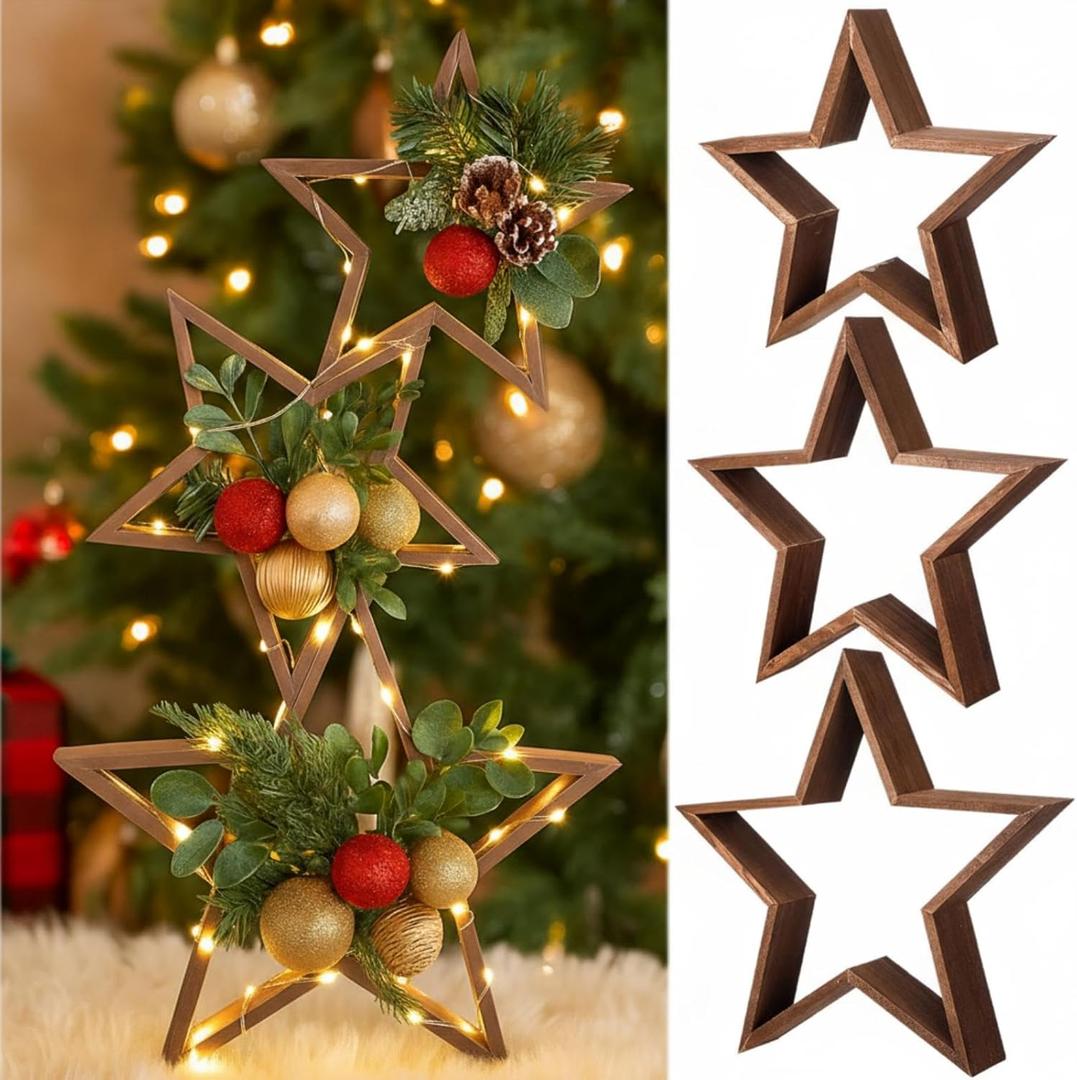 3 Pcs Wooden Star for Crafts Table Decoration with LED Light Christmas Tabletop Centerpiece Rustic Farmhouse Star Sign DIY Craft for Home Fireplace Mantle Bookshelf Tiered Tray Decor