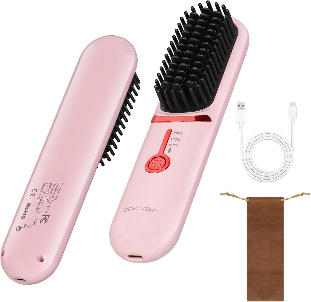 Cordless Hair Straightener Brush - Portable Hair Brush for Travel - 30s Fast Heating - Portable Straightening Brush for Travel, Mini Hot Straightening Comb for Women, Pink