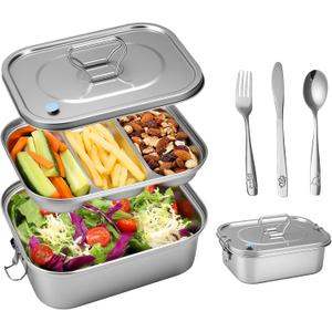 Stainless Steel Lunch Box Leakproof 3Compartment Tray, 1800ml Stainless Steel Bento Box with Utensil Set, Sauce Cups and Lunch Bag, DishwasherSafe Snack Box for Work, Office, Travel, Picnic