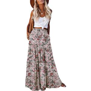 EARKOHA Womens Boho Maxi Skirt 2026 Summer Cruise Casual High Waist Tie Flowy Long Skirt with Pockets For Beach Vacation (XX-Large, White Floral)