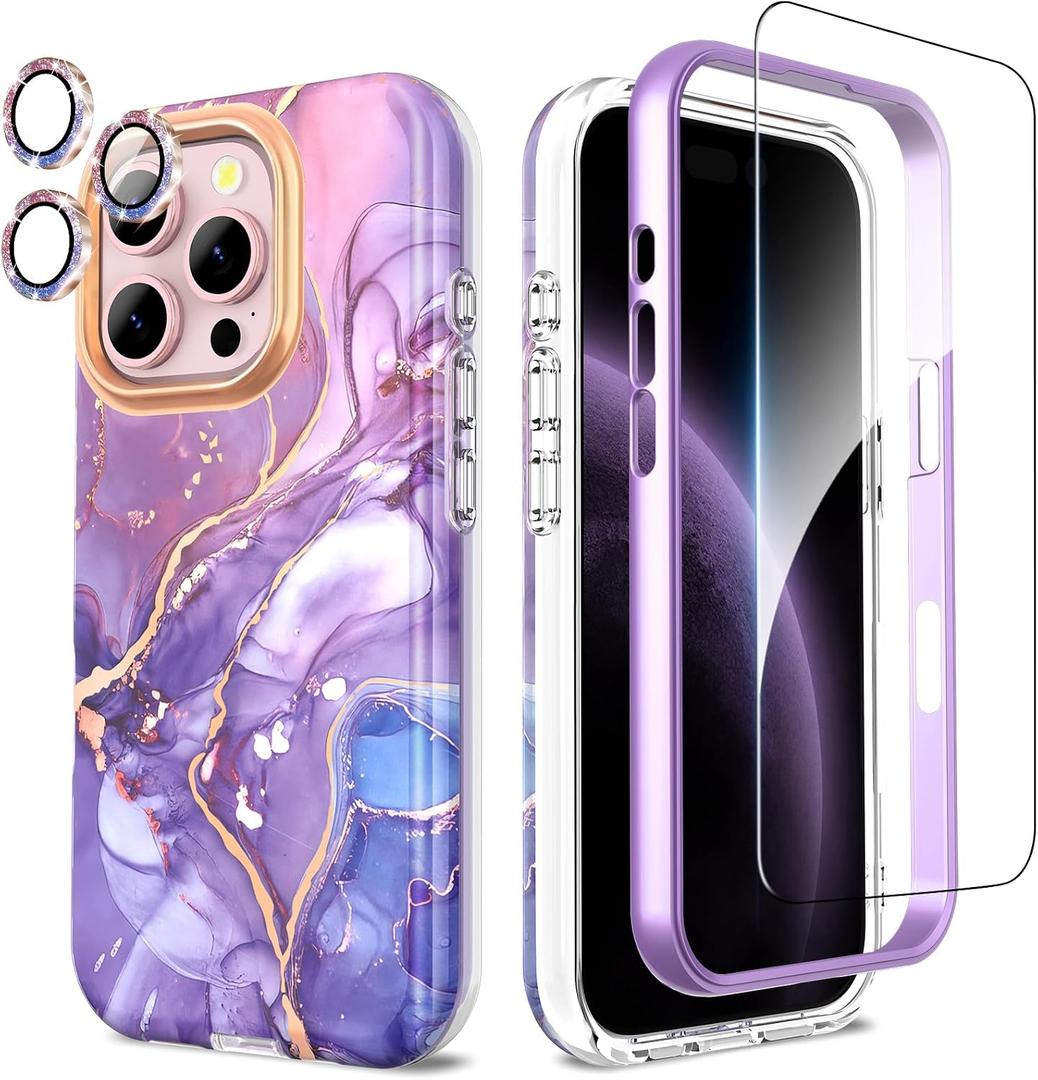 SHEDEER for iPhone 16 Pro Case with Glitter Camera Protector + Screen Protector, 360 Degree Drop Protection, Chic Anti-Yellowing Stylish Design, Shockproof Phone Case for 16 Pro 6.3'', Violet
