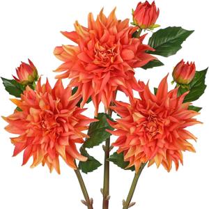 Artificial Dahlia Flowers  Set of 3 | 27.9" Tall Real-Touch Silk Dahlia Stems with Large 6.1" Blooms | Lifelike Orange Faux Flowers for Home Decor, Wedding, Centerpieces & Floral Arrangements