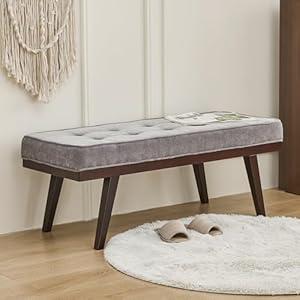 Entryway Bench, 47.2" Grey Rubberwood Bench for Bedroom with Padded Cushion, Ottoman End of Bed with Solid Wood Legs for Living Room, Foyer, Dining Room, Hallway, Loads 300 lb, 47.2" L x 17" W x 17" H