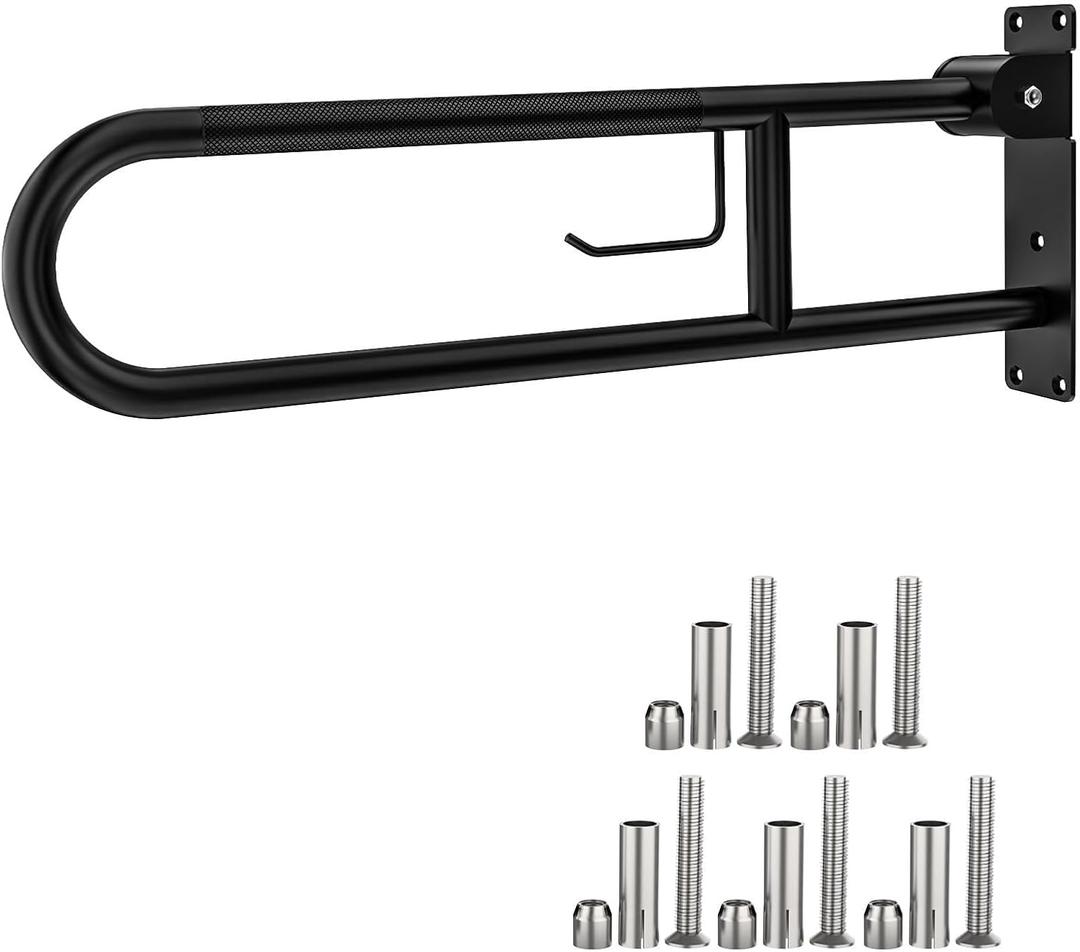 ZUEXT 31.5 Inch Black U Shaped Flip-Up Toilet Grab Bar Rail w/Paper Holder