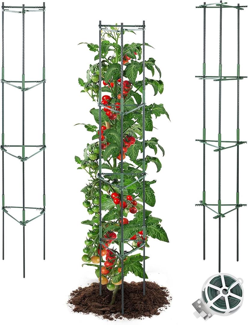 GROWNEER 3 Packs 74 Inches Tomato Cages for Garden, Premium Tomato Plant Cage for Pots, Tomato Trellis Plant Stakes Supports with 164Ft Twist Tie, for Vegetable Flowers Fruits Vertical Climbing Plants (74" x 3Pcs, Green)