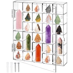 Jucoan 30 Grids Adjustable Rock Display Case, Clear Wall Mounted or Desktop Acrylic Rock Collection Organizer Display Shadow Box with Door for Arrowhead Rock, Crystal, Gems, Collectibles