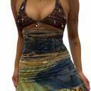 PWMENLK Women's Sexy Skirt Outfit Set, Backless Halter Neck Sexy Sets, Suspenders High Waist Printed Short Dress 2-piece(S)