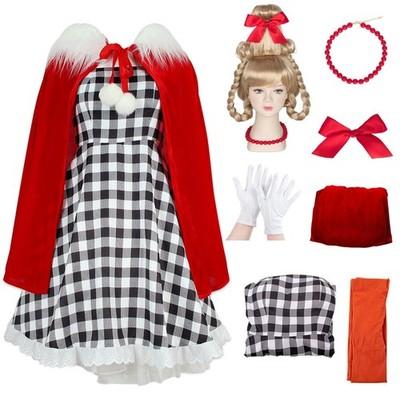 6PCS Cindy Lou Who Costume Kids Girls Cindy Wig Dress Cape Accessories Christmas Cosplay Outfits for Halloween Party (Small)