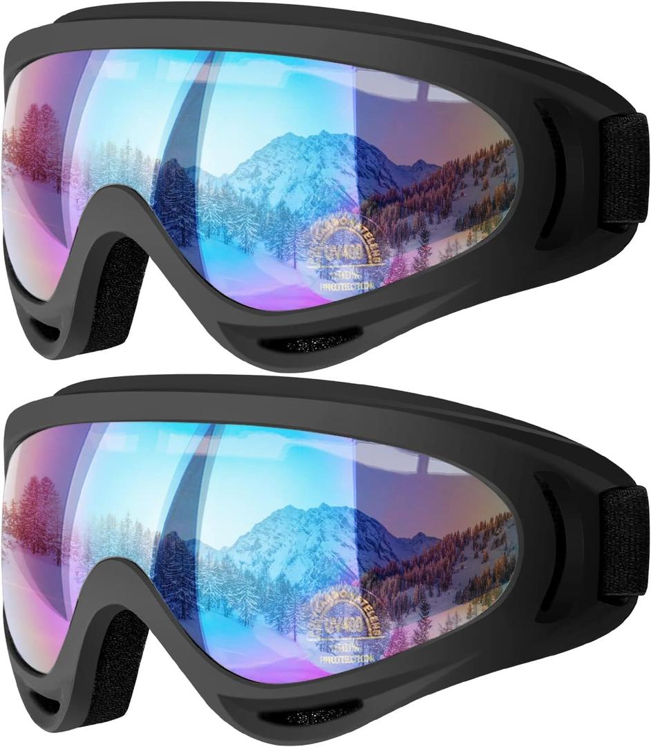 COOLOO Ski Goggles, 2 Pack Snow Goggles Snowboard Goggles for Men Women Kids - UV Protection Foam Anti-Scratch Dustproof (One Size)