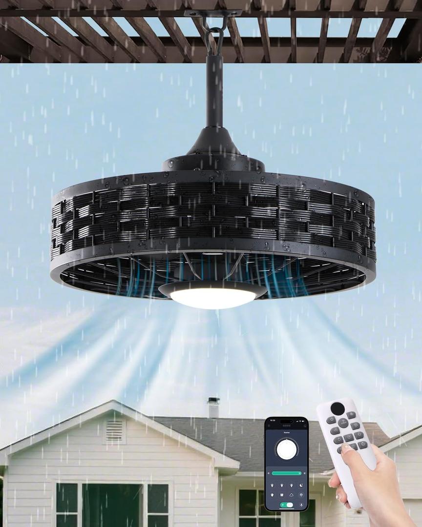 Outdoor Ceiling Fans with Light for Patios, 20" Weatherproof Gazebo Fan with Hanging Hook, Remote Control & APP, 6 Speeds, 3CCT, Caged Plug in Ceiling Fan for Patio (Black)