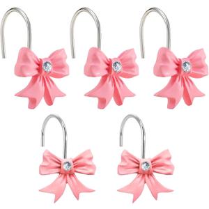 Pink Bow Shower Curtain Hooks with Shining Diamond, Cute Bathroom Decor, Set of 12 Girly Decorative Bowknot Rings, Heavy Duty, Anti Corrosion