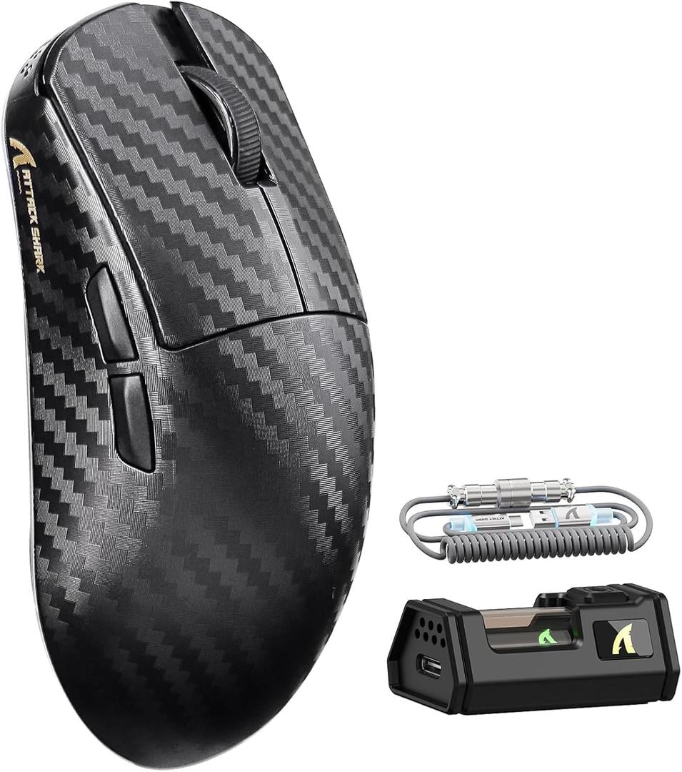 ATTACK SHARK R11 Ultra 8K Carbon Fiber Wireless Gaming Mouse with 42000 DPI-PAW3950 MAX Sensor-49g Lightweight,Nordic 52840 MCU Chip,Wired/BT/2.4Ghz Programmable,RGB Coiled Cable for PC(Black Wave)