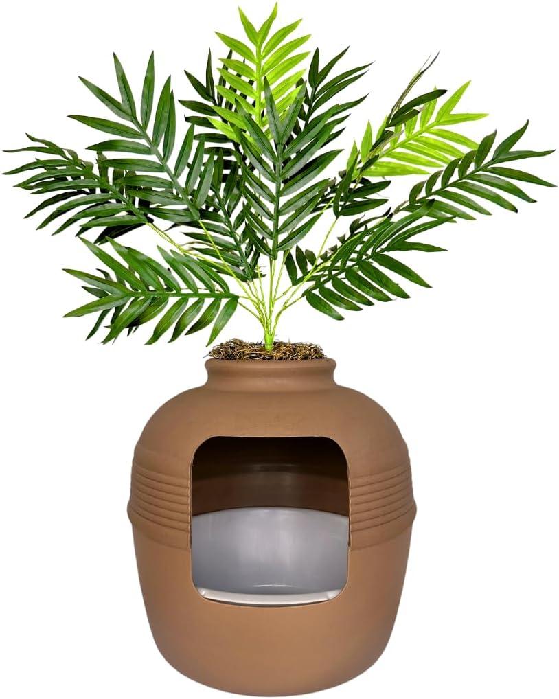 Good Pet Stuff Hidden Cat Litter Box Enclosure with Artificial Plant, Decorative Round Planter, Removable Tray, Charcoal Filter Odor Control, Easy-to-Clean, Made in USA, Essentials Kit, Brown