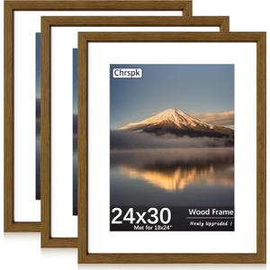 24X30 Poster Frame, Display Pictures 18X24 with Mat or 24X30 Without, Wall Hanging Frames, Rustic Brown, 3 Pack