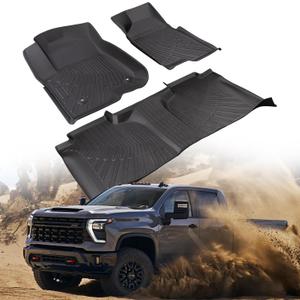 3 x CreekT for Chevy Silverado for GMC Sierra Floor Mats 2019-2025 2026 (Crew Cab Only, Fit with Rear Under-Seat Storage), All Weather Floor Mats for 1500/2500HD/3500HD Bucket Seating Accessories