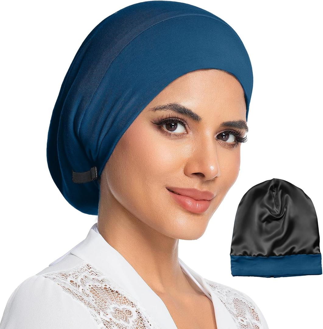 100% Mulberry Silk Lined Bonnet for Sleeping Women Anti-Frizz Hair | 19 Momme Real Silk Lined Frizz Control Night Cap for Curly Wavy Natural Hair Braids, Adjustable Hair Wrap Slouchy Beanie (Blue, M)