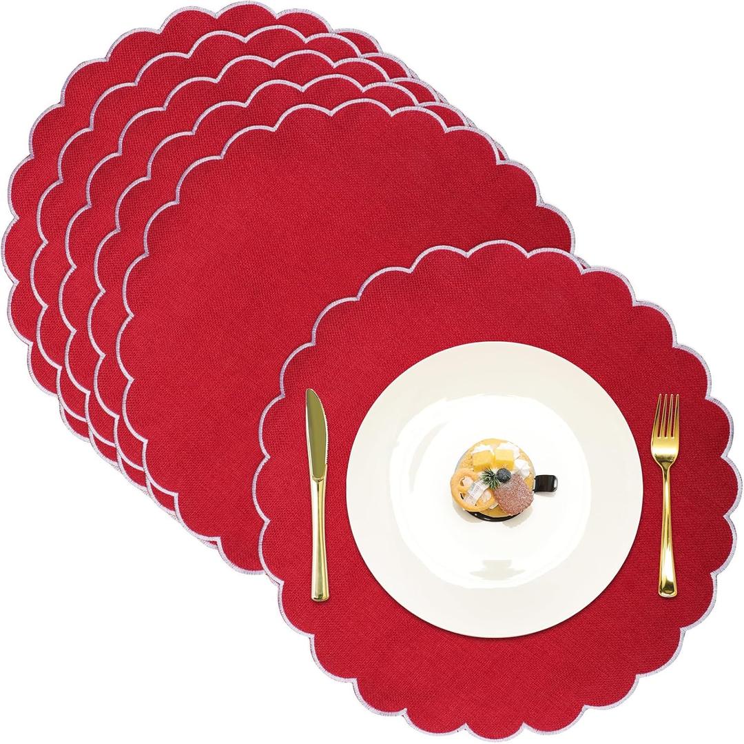 Set of 6 Round Placemats 15 Inch Cotton Scalloped Embroidery Placemat Washable Double Layered Rustic Dinner Table Mat Decor Fabric for Hotel Restaurant Kitchen(Red/White,Classic)