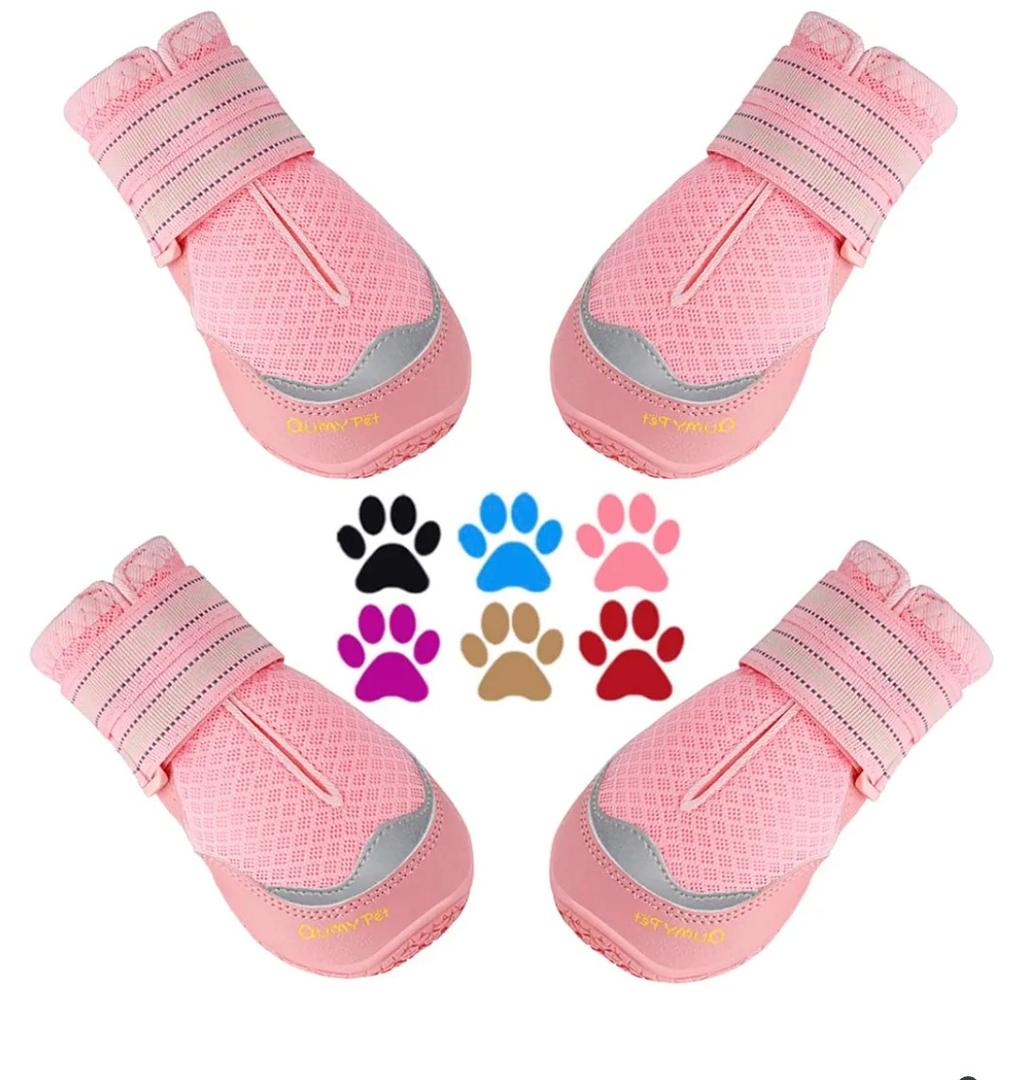QUMY 4PCS Dog Boots & Paw Protectors for Hot Pavement, Summer Heat Protection, Mesh Breathable Nonslip Dog Booties for Hardfloors, Walking Running Hiking Pink, Size 7