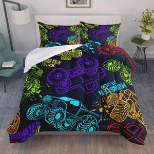 QOOMO Truck Comforter Set for Kids Teens Boys, Neon Truck Kids Bedding, 1 Comforter with 2 Pillowcase, Microfiber 3 Piece Bedding Set, Soft and Lightweight(Black, Twin Size)