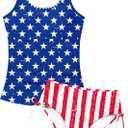 Girls Swimsuit Tankini Two Piece Bathing Suit Square Collar Cross Back Swimwear with Printed Drawstring Bottoms 9-16Y