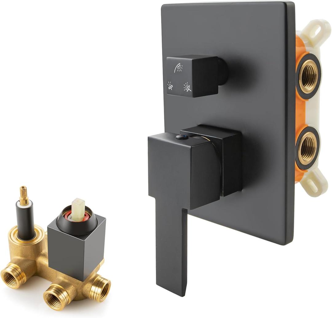SKOWLL Shower Valve 3 Function Wall Mount Bathroom Pressure Balance Kit with Single-Handle Bathtub Water Control Valve Trim, Matte Black