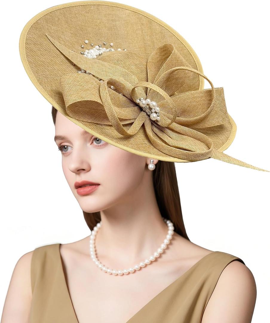 dressfan Vintage Fascinator Hats for Women,Linen Pearl Fascinator for Derby Church Wedding Tea Party