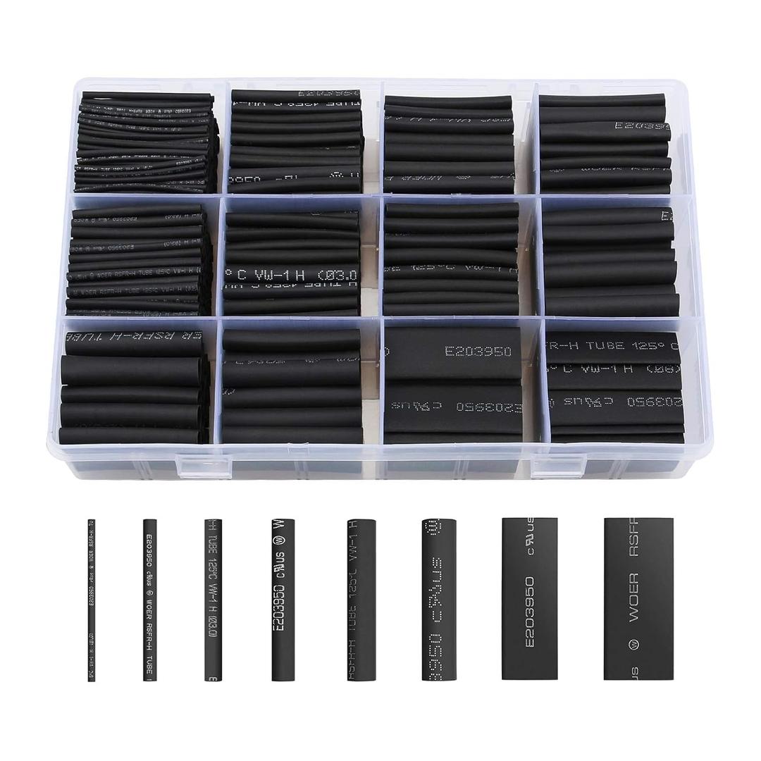 innhom 650pcs Heat Shrink Tubing Black Heat Shrink Tube Wire Shrink Wrap Shrinkage Ratio 2:1 Electrical Cable Wire Kit Set Long Lasting Insulation Protection