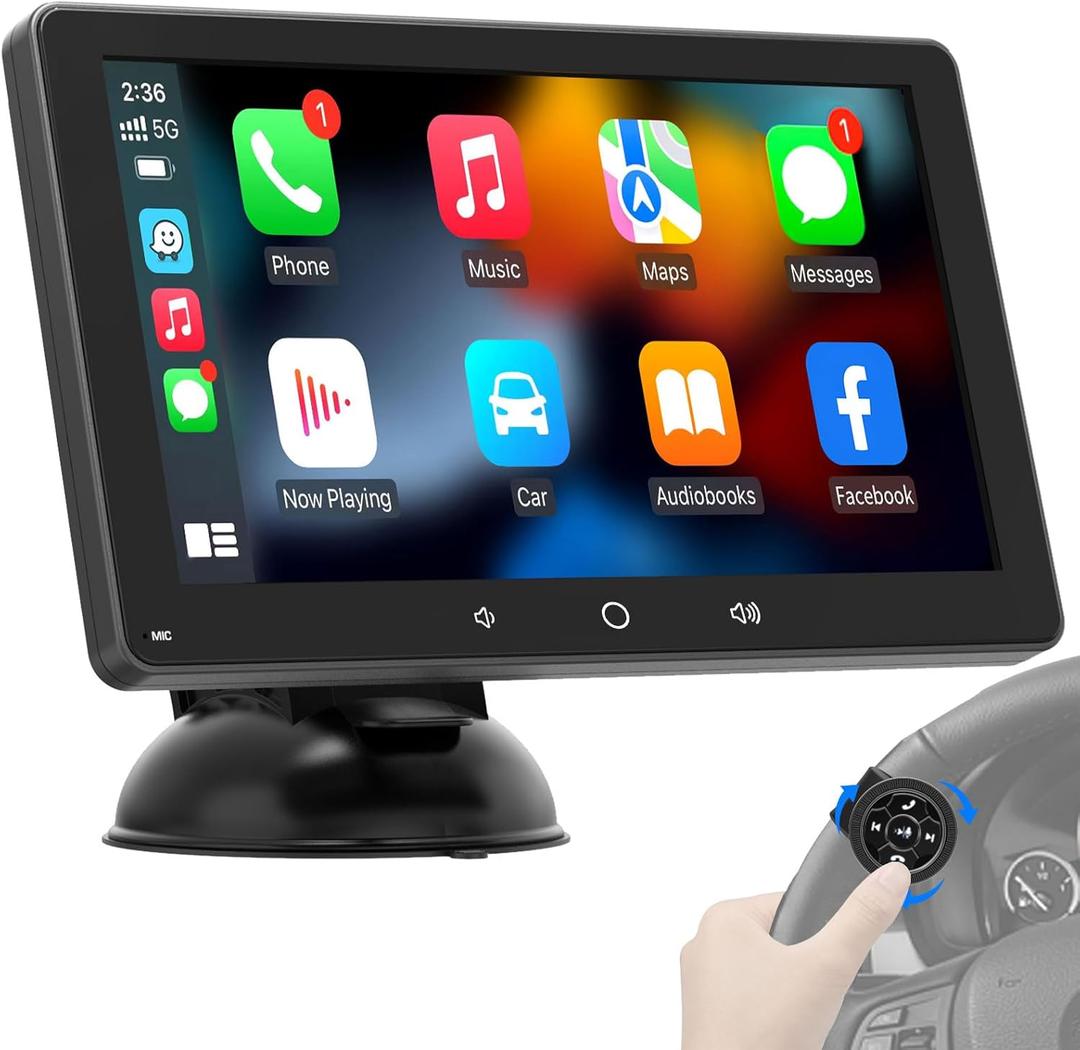Wireless Apple CarPlay Android Auto: Portable 7 Inch QLED Touch Screen Car Stereo - Bluetooth 5.0 Mirror Link Steering Wheel Control Voice Assistant GPS Navigation
