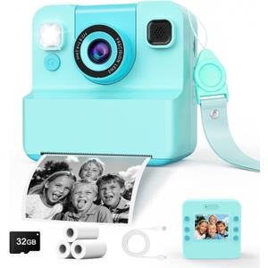 Kids Camera Instant Print, Video Inkless Toddler Digital Camera with 32GB Card, Portable Travel Christmas Birthday Gift for 3-12 Girls Boys with 3 Rolls Print Paper