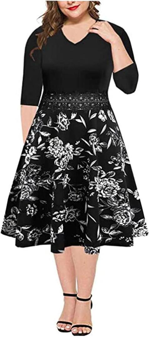 BEDOAR Women's Elegant Lace Embroidery Plus Size Flared A-Line Swing Casual Party Cocktail Dresses with Pockets