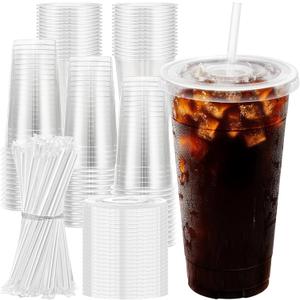 24 oz 100 Pack Plastic Cups with Lids and Straws, Sturdy Food Safe Iced Clear Coffee Cups Disposable Smoothie Cups for Cold Drinks