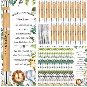 Zhanmai 50 Sets Safari Baby Shower Favors Includes Bamboo Pens and Thank You Cards Silver Cable Ties Jungle Safari Woodland Gender Reveal Decorations for Operation Christmas Guest Prizes Gifts