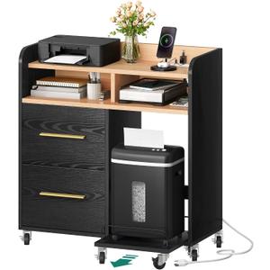 YITAHOME File Cabinet with Charging Station, Printer Table Cabinet for Home Office, Printer Stand Cart, Fits A4, Letter, Legal Size Files, Office Furniture, Black, 35 inches x 35.6 inches x 15.7 inches