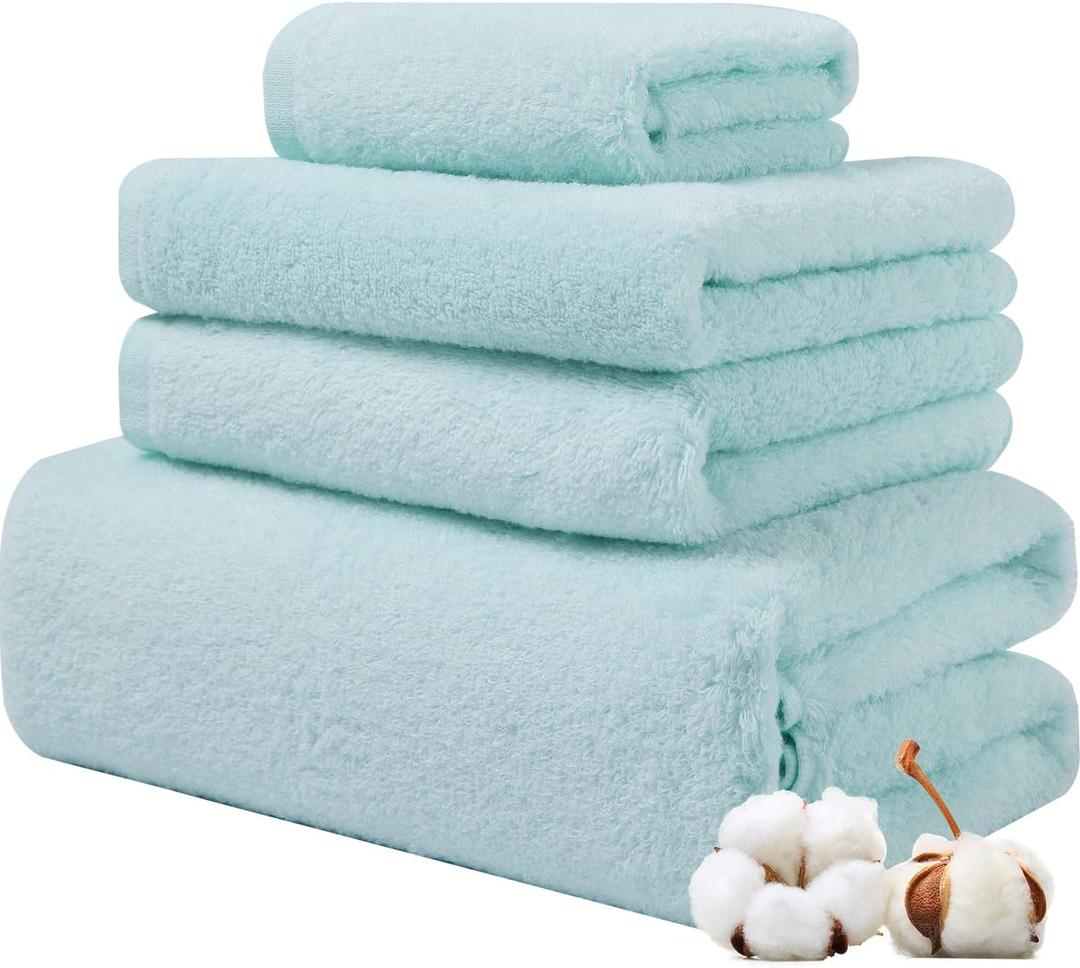 4-Piece Zero-Twist 100% Ring Spun Cotton Towel Set,600GSM Luxury Long-Staple Combed Cotton Bath Towel for Bathroom-Ultra Soft Skin Friendly Fluffy Highly Absorbent Quick Dry Cotton Towel Set,Aqua