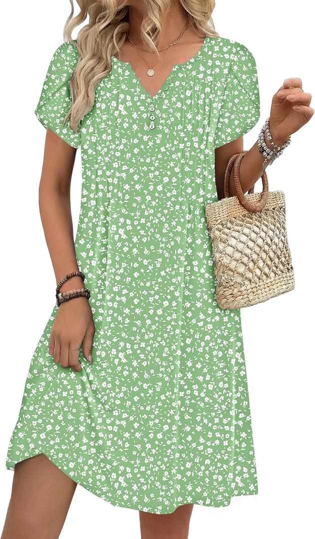 Zeagoo Women's Casual Dresses with Pockets Summer Floral V-Neck A-Line Tshirt Dress Short Sleeve Mini Dress Beach Sundress (Light Green, Large)