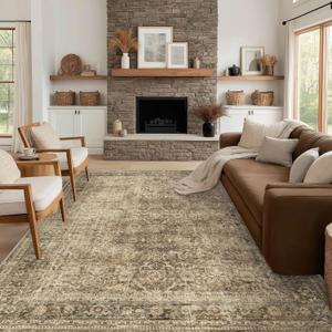 FMFUNCTEX 8x10 Washable Area Rug Brown Vintage Neutral Distressed Large Non Slip Carpet for Living Room Bedroom Soft Low Pile Indoor Mat Retro Floral Throw Rug for Dining Room Kitchen Office Nursery