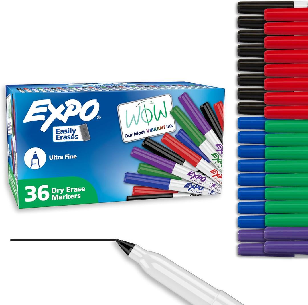 EXPO Dry Erase Markers, Low Odor Ink, Ultra Fine Tip, 36 Count - For Whiteboards, Home, Office Essentials, School, Teacher Supplies