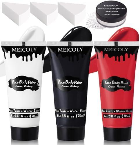MEICOLY Black White Red Face Body Paint with Setting Powder and Sponges,Clown White Devil Joker Face Paint Makeup,Waterbased Body Paint,Halloween Face Painting for Vampire Skeleton Spiderman