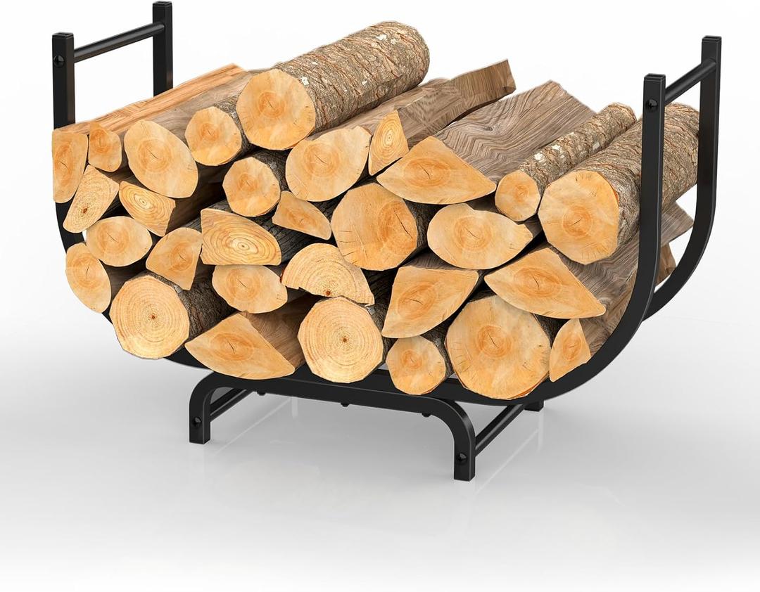 NANANARDOSO Curved Firewood Rack,32 inches Powder Coated Wood Storage Rack Rustproof Metal Log Firewood Holder for Fireplaces Wood Storage,Black