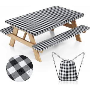 Picnic Table Cover with Bench Covers and Bag, Camping Essentials Camping Table Cover with Elastic Edges, Fitted Rectangle Tables and Seats, 72x30 Inches 3 Pcs Set (Black)