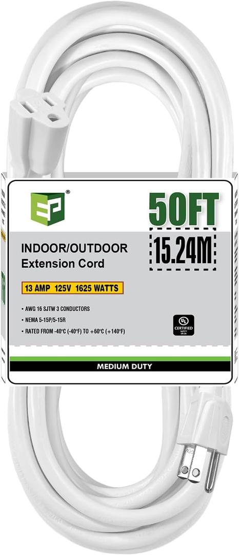 EP 50 Ft Outdoor Extension Cord - 16/3 SJTW White Electrical Cable with 3 Prong Grounded Plug, UL Listed (50ft)