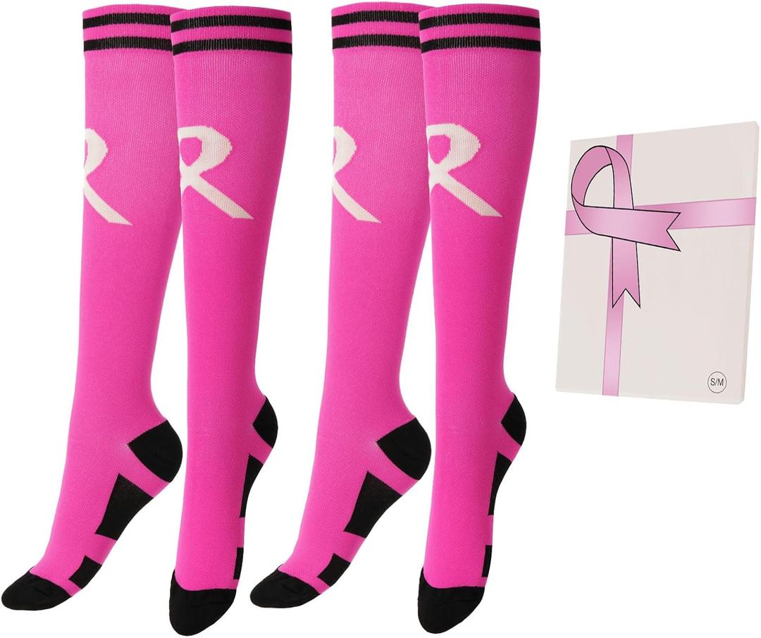 2 Pairs Breast Cancer Awareness Socks,Pink Ribbon Knee High Compression Socks for Softball Soccer Football Baseball (Small-Medium)