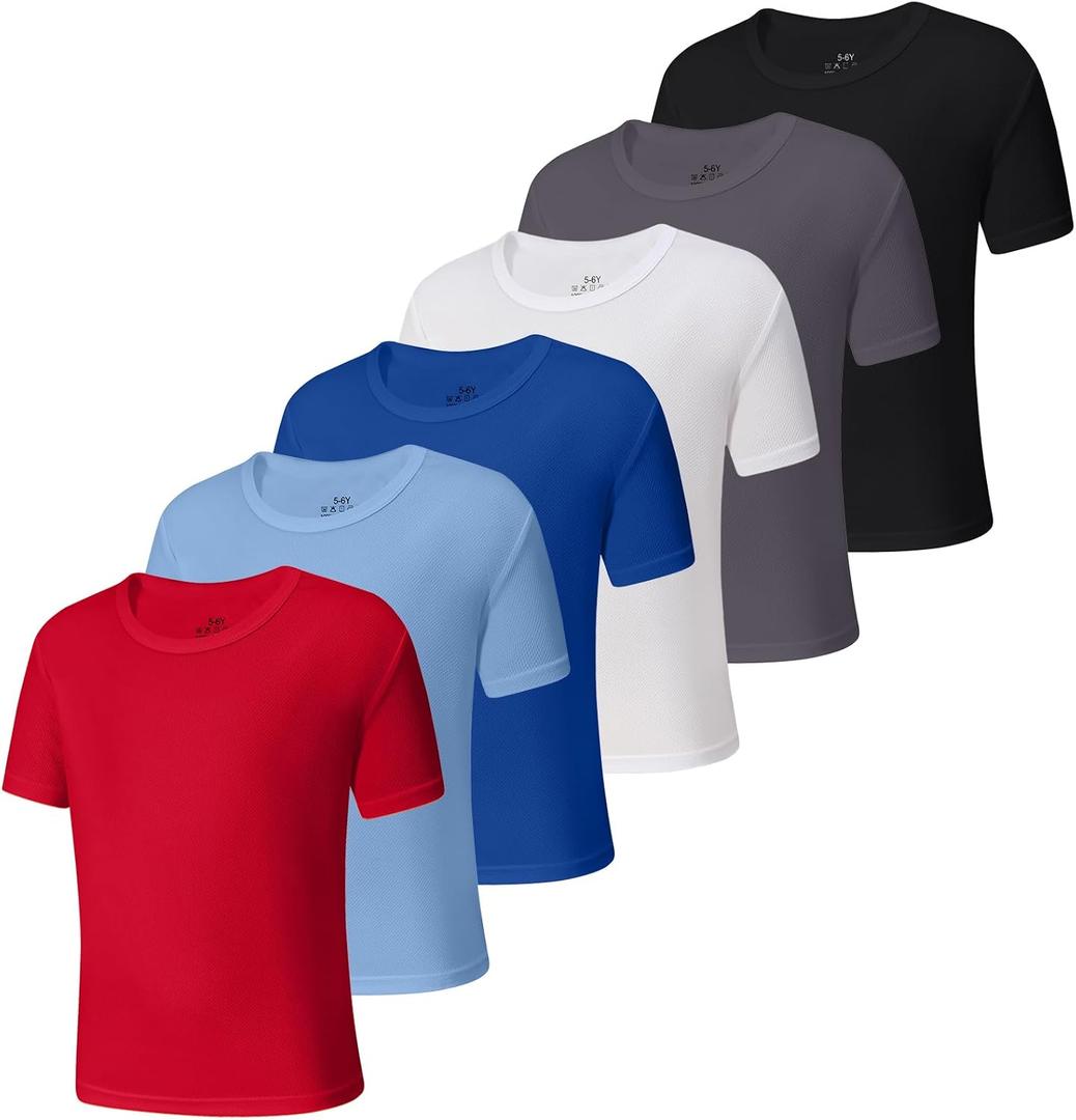 6-Pack Boys Athletic T-Shirts Quick Dry Short-Sleeve Tops Youth Moisture Wicking Running Sports T-Shirts 4-18 Years (Black/White/Dark Grey/Red/Royal Blue/Light Blue)