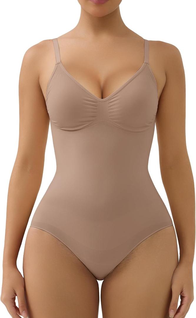 SHAPERX Women's Bra Free Bodysuits Tummy Control Shapewear Mid Thigh Body Shaper with Removable Pads (Large-X-Large, Sienna (Brief))
